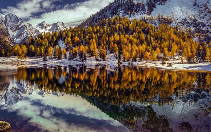 Duisitzkarsee, lago di montagna, invernali, neve, giallo, alberi, paesaggio di montagna, le Alpi, i laghi dell&#39;Austria