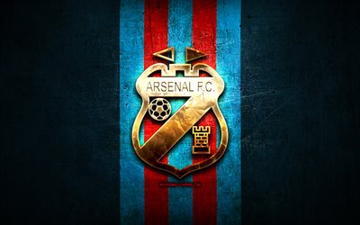 Arsenal Sarandi FC, golden logotyp, Argentinska Primera Division, bl&#229; metall bakgrund, fotboll, Arsenal Sarandi, argentinsk fotboll club, Arsenal Sarandi logotyp, Argentina