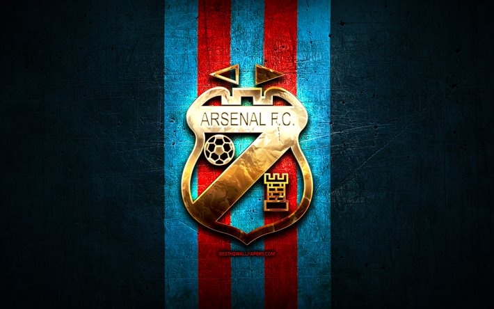 Arsenal Sarandi FC, golden logo, Argentine Primera Division, blue metal background, football, Arsenal Sarandi, argentinian football club, Arsenal Sarandi logo, soccer, Argentina
