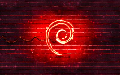 Debian red logo, 4k, red brickwall, Debian logo, Linux, Debian neon logo, Debian