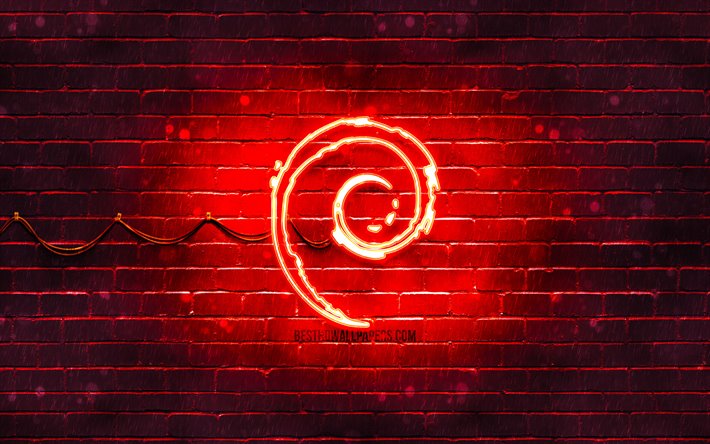 debian red-logo, 4k, red brickwall -, debian-logo, linux, debian, neon-logo