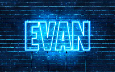 Evan, 4k, les papiers peints avec les noms, le texte horizontal, Evan nom, bleu n&#233;on, photo avec Evan nom