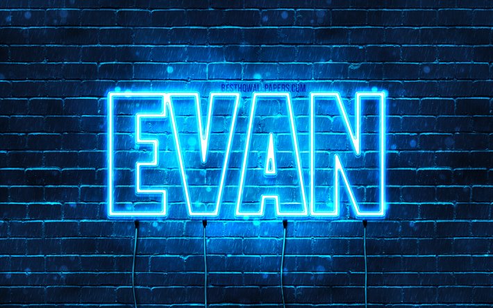 Evan, 4k, pap&#233;is de parede com os nomes de, texto horizontal, Evan nome, luzes de neon azuis, imagem com Evan nome
