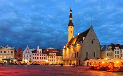 Tallinn Town Hall, Raekoja şehir, Belediye Meydanı, akşam, Kare, şehir, Tallinn, Estonya