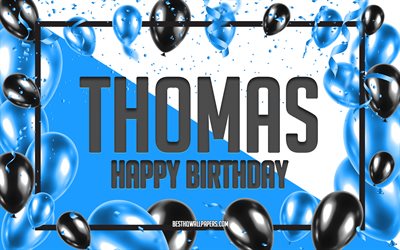 عيد ميلاد سعيد توماس, عيد ميلاد بالونات الخلفية, توماس, خلفيات أسماء, الأزرق بالونات عيد ميلاد الخلفية, بطاقات المعايدة, عيد ميلاد توماس