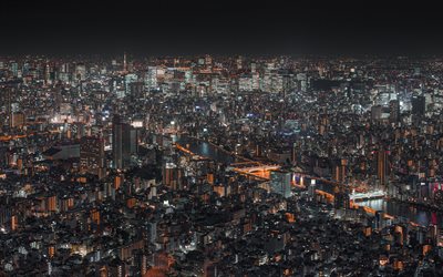 Tokyo, m&#233;tropole, la nuit, les b&#226;timents, nuit, ville, grande ville moderne, paysage urbain de Tokyo, Japon