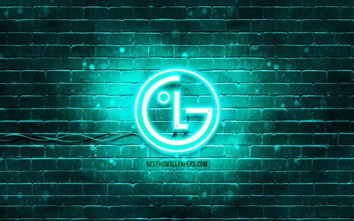 LG turchese logo, 4k, turchese, brickwall, il logo LG, marche, LG neon logo LG