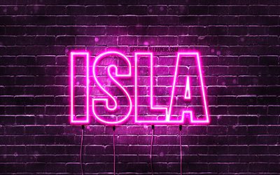 isla, 4k, tapeten, die mit namen, weibliche namen, die isla namen, lila, neon-leuchten, die horizontale text -, bild -, die mit namen isla