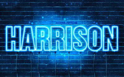 Harrison, 4k, les papiers peints avec les noms, le texte horizontal, Harrison nom, bleu n&#233;on, une photo avec le nom de Harrison