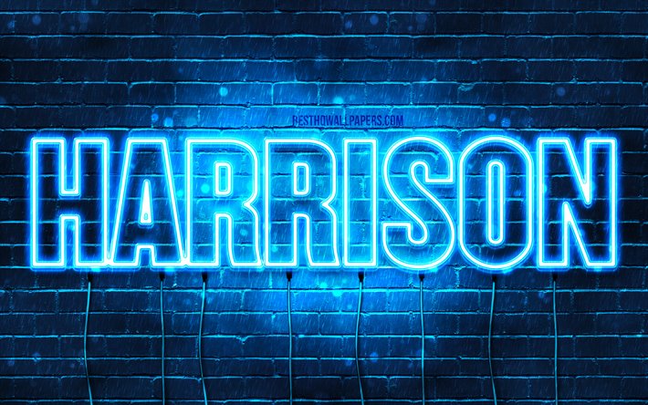 Harrison, 4k, tapeter med namn, &#246;vergripande text, Harrison namn, bl&#229;tt neonljus, bild med Harrison namn