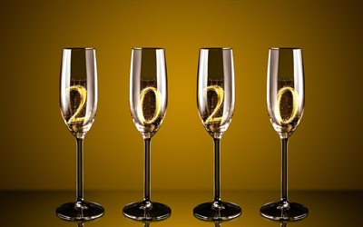 Happy New Year 2020, glasses with champagne, 2020 concepts, 2020 New Year, 2020 digits in glasses, champagne