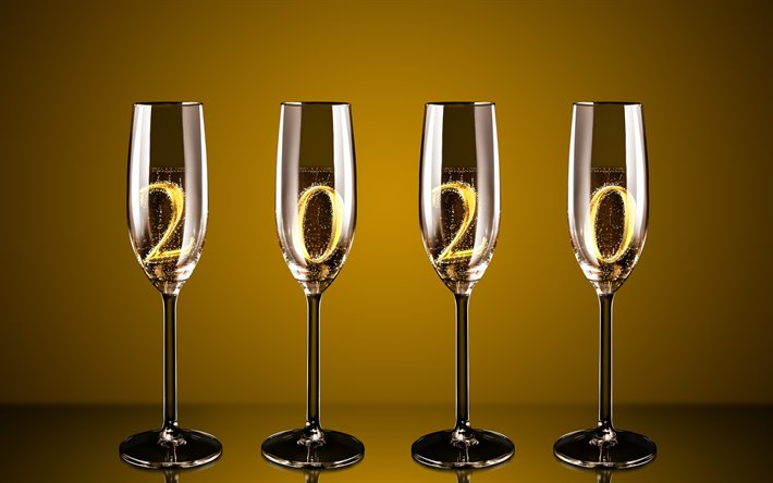 Felice Nuovo Anno 2020, bicchieri di champagne, 2020 concetti, 2020, il Nuovo Anno 2020 cifre in bicchieri di champagne