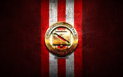 Argentinos Juniors FC, kultainen logo, Argentiinan Primera Division, punainen metalli tausta, jalkapallo, AA Argentinos Juniors, argentiinalainen jalkapalloseura, Argentinos Juniors-logo, Argentiina, Yhdistyksen Urheilullinen Argentinos Juniors