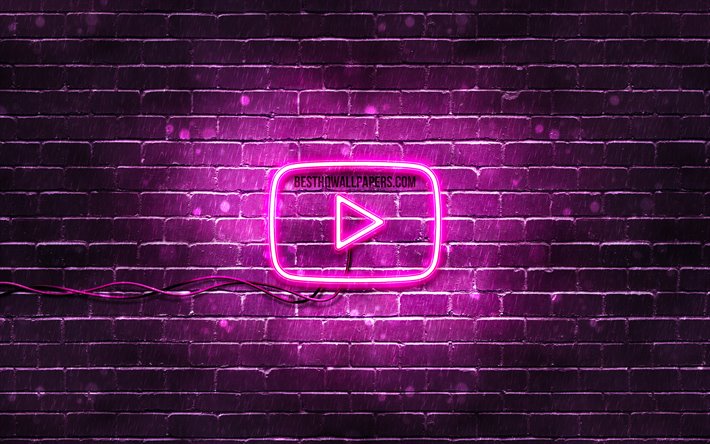Youtube lila logotyp, 4k, lila brickwall, Youtubes logotyp, varum&#228;rken, Youtube neon logotyp, Youtube