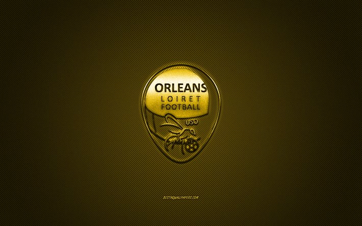 NOS Orleans, club de f&#250;tbol franc&#233;s, de la Ligue 2, logo amarillo, amarillo de fibra de carbono de fondo, f&#250;tbol, Orleans, Francia, EEUU, Orleans logotipo