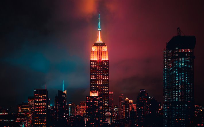 4k, Empire State Building, clouds, nightscapes, Manhattan, modern buildings, american cities, NYC, skyscrapers, New York, USA, Cities of New York, New York at night, America