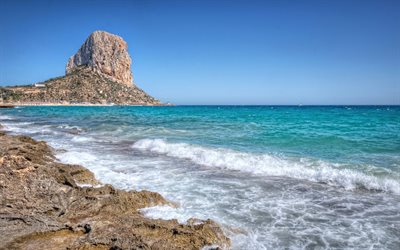 Calpe, Mar Mediterr&#226;neo, seascape, costa, paisagem de montanha, rochas, Espanha