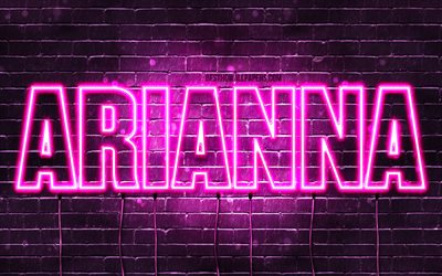 Arianna, 4k, wallpapers with names, female names, Arianna name, purple neon lights, horizontal text, picture with Arianna name