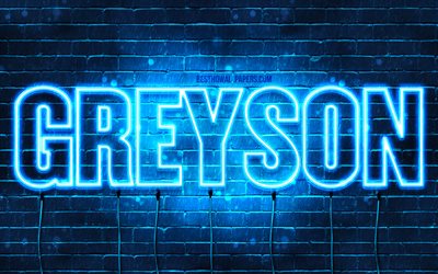 Greyson, 4k, wallpapers with names, horizontal text, Greyson name, blue neon lights, picture with Greyson name