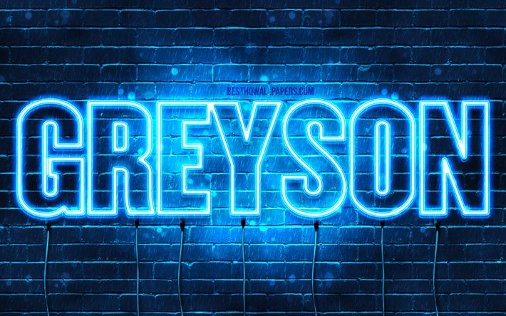 Greyson, 4k, pap&#233;is de parede com os nomes de, texto horizontal, Greyson nome, luzes de neon azuis, imagem com Greyson nome