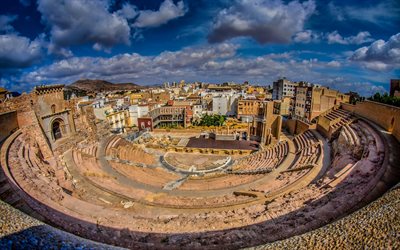 Roma tiyatrosu, Cartagena, antik tiyatro, antik bina, Cartagena şehir manzarası, simgesel yapı, İspanya