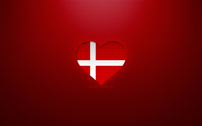 I Love Denmark, 4k, Europe, fond pointill&#233; rouge, coeur de drapeau danois, Danemark, pays pr&#233;f&#233;r&#233;s, Amour Danemark, drapeau danois