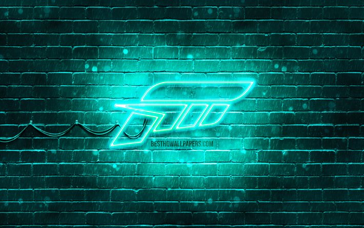 Logo turquoise Forza, 4k, mur de briques turquoise, logo Forza, jeux 2020, logo n&#233;on Forza, Forza