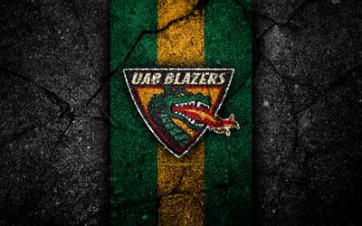 UAB Blazers, 4k, american football team, NCAA, green yellow stone, USA, asphalt texture, american football, UAB Blazers logo