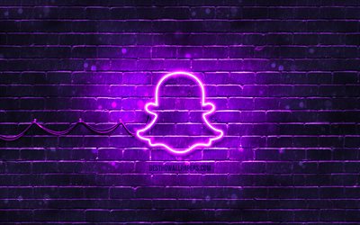 スナップチャットバイオレットロゴ, 4k, バイオレットブリックウォール, Snapchatロゴ, ブランド, Snapchatネオンロゴ, Snapchat
