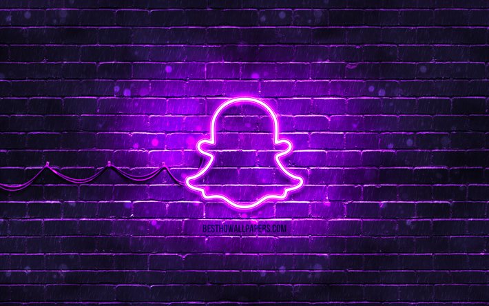 Snapchat violet logo, 4k, violet brickwall, Snapchat logo, brands, Snapchat neon logo, Snapchat