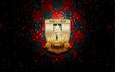 Urawa Red Diamonds FC, logo glitter, J1 League, sfondo a scacchi nero rosso, calcio, squadra di calcio giapponese, logo Urawa Red Diamonds, arte mosaico, Urawa Red Diamonds