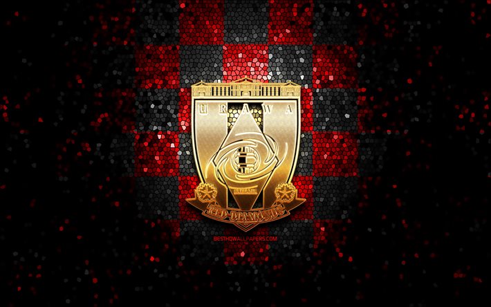 Urawa Red Diamonds FC, glitter logosu, J1 Ligi, kırmızı siyah damalı arka plan, futbol, japon futbol kul&#252;b&#252;, Urawa Red Diamonds logosu, mozaik sanat, Urawa Red Diamonds