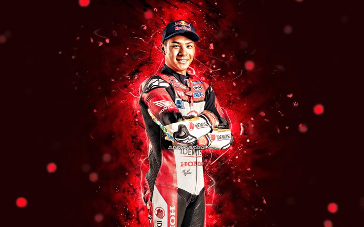 Takaaki Nakagami, 4k, n&#233;ons rouges, LCR Honda Idemitsu, pilote moto japonais, MotoGP, Championnat du Monde MotoGP, LCR Honda Idemitsu 4K