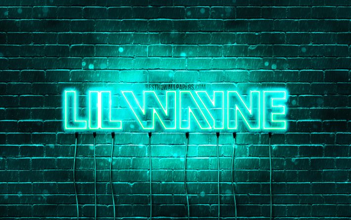 Logo turquoise Lil Wayne, 4k, superstars, chanteur am&#233;ricain, mur de briques turquoise, logo Lil Wayne, Dwayne Michael Carter, Lil Wayne, stars de la musique, logo n&#233;on Lil Wayne