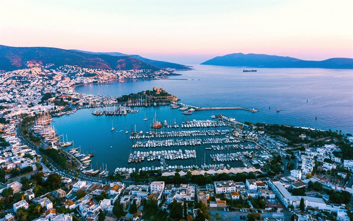 Bodrum, sera, tramonto, baia, yacht, mare Adriatico, paesaggio urbano, localit&#224; turche, Turchia
