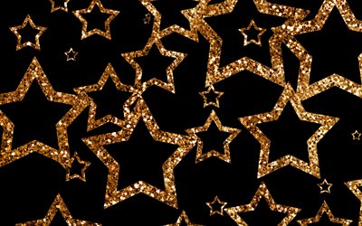 golden glitter stars, 4k, stars patterns, golden stars, background with stars, golden stars background