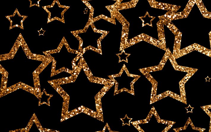 金色のキラキラ星, 4k, 星のパターン, 黄金の星, 星との背景, 黄金の星の背景