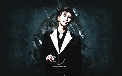 RM, BTS, Rap Monster, Kim Nam-joon, rappeur sud-cor&#233;en, portrait, K-pop, fond de pierre grise