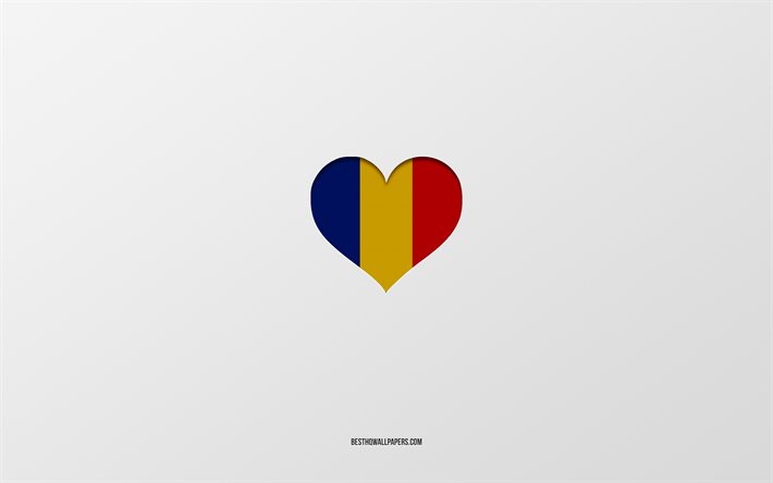 J&#39;aime la Roumanie, les pays europ&#233;ens, la Roumanie, le fond gris, le coeur du drapeau de la Roumanie, le pays pr&#233;f&#233;r&#233;, l&#39;amour la Roumanie