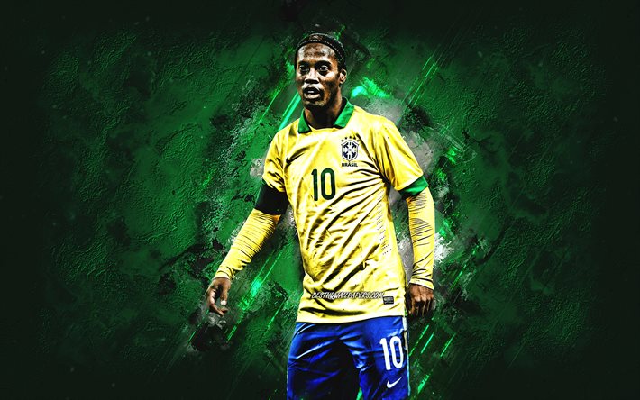Ronaldinho, squadra nazionale di calcio del Brasile, ritratto, sfondo di pietra verde, calciatore brasiliano, calcio, Brasile, Ronaldo de Assis Moreira