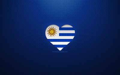 Eu amo o Uruguai, 4k, pa&#237;ses da Am&#233;rica do Sul, fundo azul pontilhado, cora&#231;&#227;o da bandeira uruguaia, Uruguai, pa&#237;ses favoritos, amo o Uruguai, bandeira do Uruguai