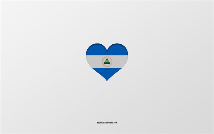 Amo il Nicaragua, paesi del Nord America, Nicaragua, sfondo grigio, cuore della bandiera del Nicaragua, paese preferito, amore Nicaragua