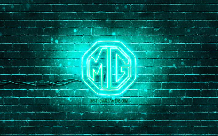 Logo MG turchese, 4k, muro di mattoni turchese, logo MG, marchi di automobili, logo al neon MG, MG