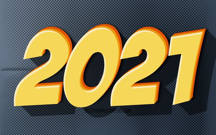 2021 neues jahr, 4k, grafik, 2021 gelbe 3d-ziffern, 2021 konzepte, 2021 auf grauem hintergrund, 2021 jahresziffern, frohes neues jahr 2021