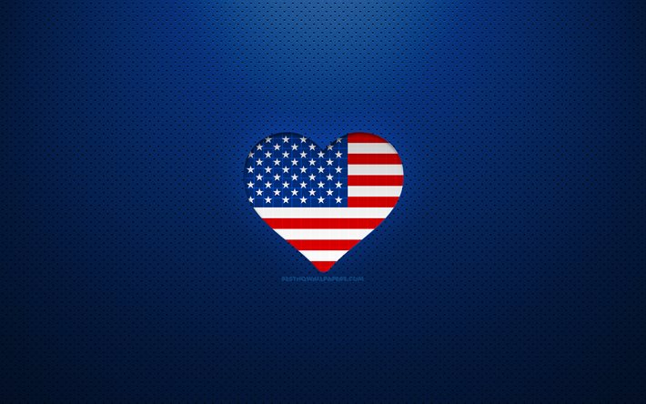 Amo Estados Unidos, 4k, pa&#237;ses de Am&#233;rica del Norte, fondo punteado azul, coraz&#243;n de la bandera estadounidense, Estados Unidos, pa&#237;ses favoritos, bandera estadounidense