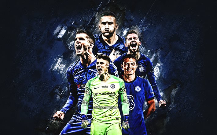 Chelsea FC, club di calcio inglese, sfondo di pietra blu, Premier League, calcio, Inghilterra, Hakim Ziyech, Thiago Silva, Christian Pulisic