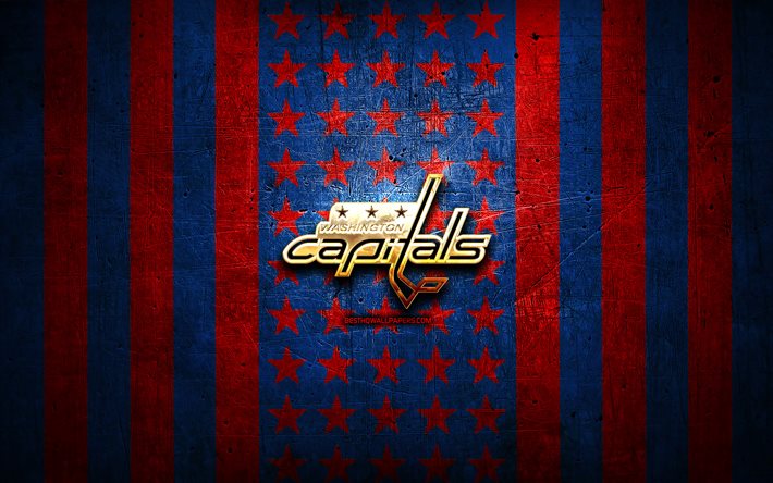ワシントンキャピタルズの旗, NHL, 青赤金属の背景, アメリカのホッケーチーム, ワシントンキャピタルズのロゴ, 米国, ホッケー, 黄金のロゴ, ワシントンキャピタルズ