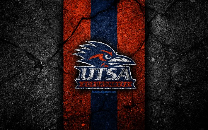 UTSA Roadrunners, 4k, squadra di football americano, NCAA, pietra blu arancione, USA, trama di asfalto, football americano, logo UTSA Roadrunners