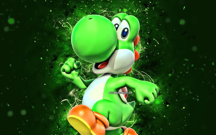 Yoshi, 4k, dinosaur, green neon lights, Super Mario, creative, Super Mario characters, Yoshi Super Mario