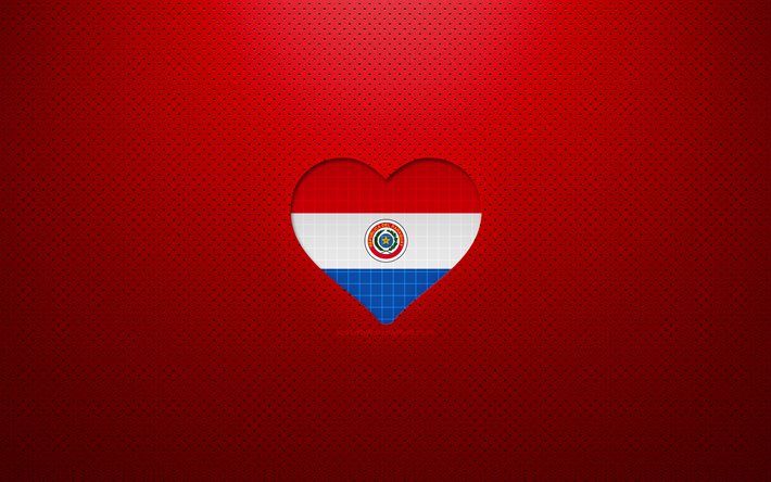 Amo il Paraguay, 4k, paesi sudamericani, sfondo rosso punteggiato, cuore della bandiera del Paraguay, Paraguay, paesi preferiti, amore Paraguay, bandiera del Paraguay